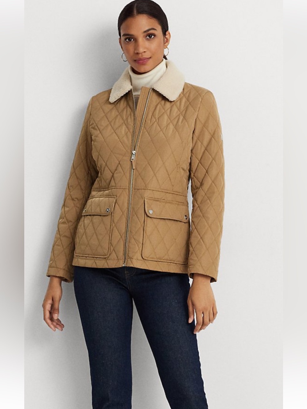 Ralph Lauren Quilted Camel Puffer Jacket with Cream Sherpa Collar